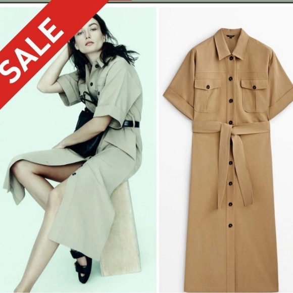 Massimo Dutti NWT khaki cotton tench shirt dress - Picture 2 of 15